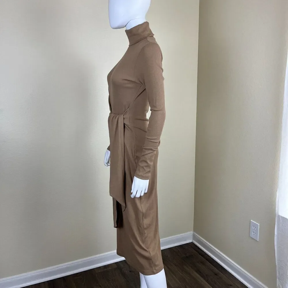 Ralph Lauren Womens Size M Camel Tie Front Turtleneck Sweater Bodycon Midi Dress